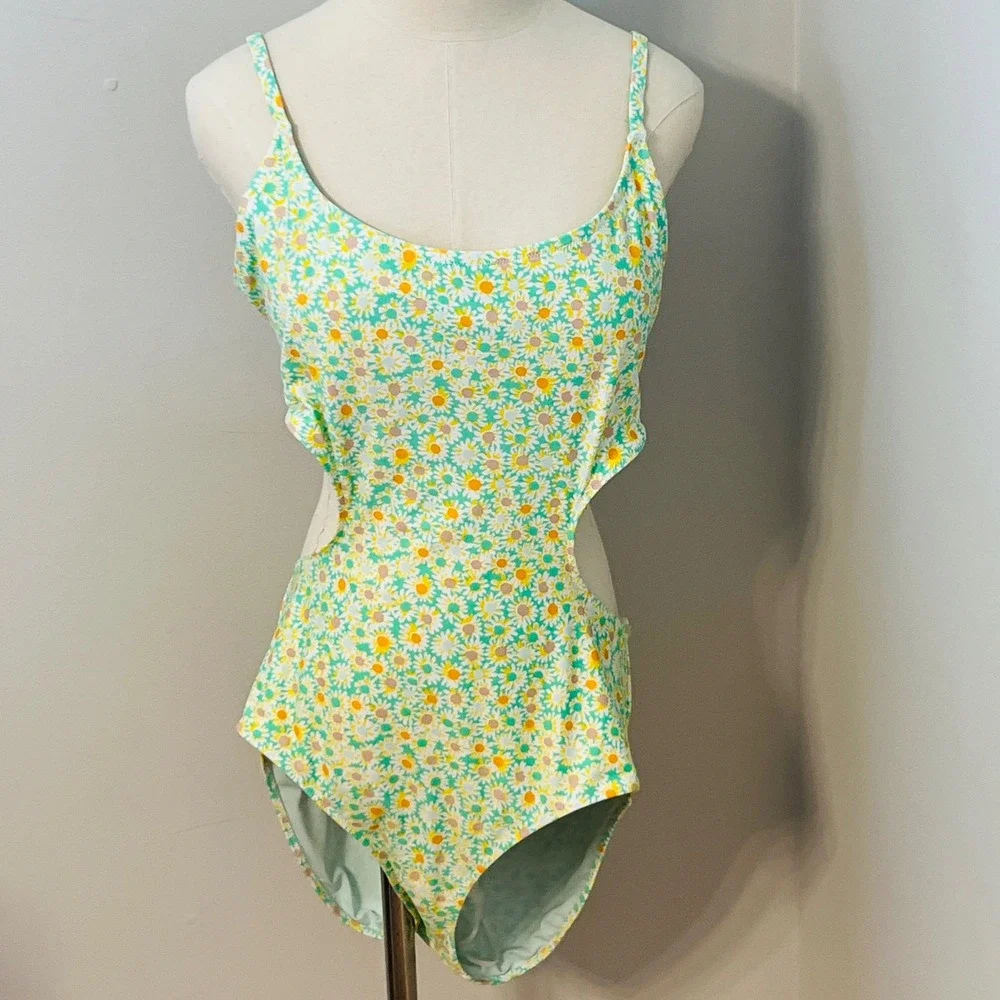 Aerie Real Good Daisy Floral Cutout One Piece Swimsuit XL Green Yellow White NWT